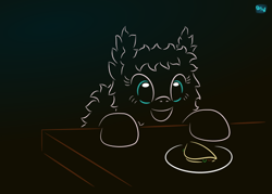 Size: 580x415 | Tagged: safe, artist:quint-t-w, oc, oc only, oc:fluffle puff, earth pony, original species, food, gradient background, happy, hooves on the table, minimalist, modern art, old art, plate, solo, table, taco