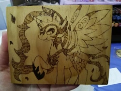 Size: 1032x774 | Tagged: safe, artist:dawn-designs-art, artist:sapphire-burns-art, daybreaker, alicorn, pony, photo, pyrography, solo, traditional art