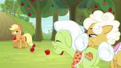 Size: 1920x1080 | Tagged: safe, derpibooru import, screencap, applejack, goldie delicious, granny smith, earth pony, pony, going to seed, apple, apple tree, food, tree