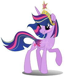 Size: 2016x2360 | Tagged: safe, artist:doraair, artist:origamialcubo, twilight sparkle, twilight sparkle (alicorn), alicorn, pony, base used, beautiful, big crown thingy, blushing, colored wings, crown, female, future, jewelry, mare, multicolored wings, obtrusive watermark, older, older twilight, raised hoof, regalia, simple background, solo, transparent background, ultimate twilight, watermark, wings