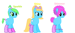 Size: 1548x680 | Tagged: safe, artist:paramagurumaster, earth pony, pony, bracelet, clothes, crossover, female, jewelry, mare, ponified, shimmer, shine, shoes, sparkle, trio, wow wow wubbzy, wubb girls