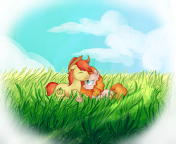 Size: 3531x2880 | Tagged: safe, artist:andromedasparkz, bright mac, pear butter, earth pony, pony, cloud, eyes closed, female, grass, male, mare, newbie artist training grounds, prone, shipping, sky, stallion