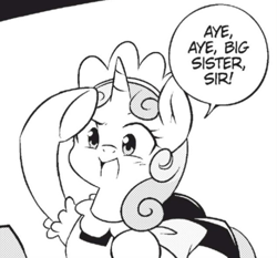 Size: 725x677 | Tagged: safe, sweetie belle, pony, unicorn, my little pony: the manga, my little pony: the manga volume 1, spoiler:manga, spoiler:manga1, clothes, cropped, female, filly, grayscale, maid, manga, monochrome, salute, speech bubble