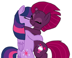 Size: 1167x954 | Tagged: safe, artist:徐詩珮, fizzlepop berrytwist, tempest shadow, twilight sparkle, twilight sparkle (alicorn), alicorn, pony, unicorn, base used, broken horn, female, horn, hug, kissing, lesbian, mare, shipping, simple background, tempestlight, transparent background