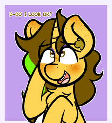 Size: 2100x2300 | Tagged: safe, artist:theawkwarddork, oc, oc:awkward dork, unicorn, blushing, eyeshadow, femboy, makeup, male, simple background, solo, stallion, text