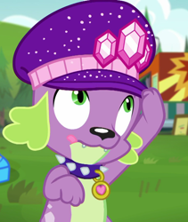 Size: 1050x1242 | Tagged: safe, screencap, spike, spike the regular dog, dog, better together, choose your own ending, equestria girls, lost and pound, lost and pound: spike, cropped, cute, male, nice hat, paws, solo, spikabetes, spike's dog collar, spike's festival hat