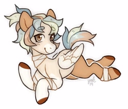 Size: 4000x3416 | Tagged: safe, artist:misocosmis, oc, oc only, pegasus, pony, bandage, ponytail, prone, simple background, white background