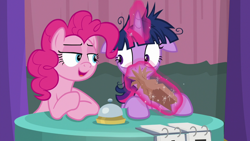 Size: 1920x1080 | Tagged: safe, screencap, pinkie pie, twilight sparkle, twilight sparkle (alicorn), alicorn, earth pony, pony, a trivial pursuit, bell, floppy ears, hyperventilating, messy mane, paper bag, twilight snapple