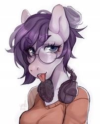 Size: 1652x2048 | Tagged: safe, artist:misocosmis, oc, oc only, oc:vylet, anthro, pegasus, :p, clothes, glasses, hair bun, headphones, mane bun, simple background, solo, tongue out, white background