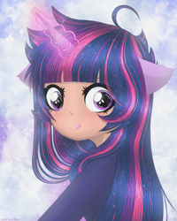 Size: 2819x3524 | Tagged: safe, artist:darkest-lunar-flower, twilight sparkle, human, anime, aura, cute, female, humanized, magic, pony ears, solo, telekinesis