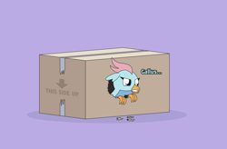 Size: 3363x2204 | Tagged: safe, artist:gd_inuk, ocellus, changedling, changeling, griffon, behaving like a bird, box, changeling in a box, dialogue, disguise, disguised changeling, female, griffonized, high res, implied gallus, ocellus is not amused, purple background, simple background, solo, species swap, story included, unamused