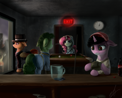 Size: 3000x2400 | Tagged: safe, artist:thatdreamerarts, oc, oc only, earth pony, pegasus, pony, unicorn, fallout equestria, clock, fallout, mug, nuka cola, pipbuck, pool table