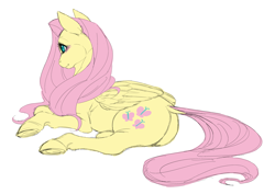 Size: 5069x3592 | Tagged: artist needed, safe, fluttershy, pegasus, pony, blushing, female, mare, prone, simple background, solo, white background