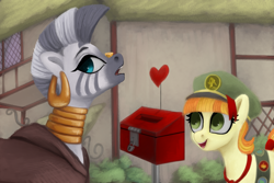 Size: 5400x3600 | Tagged: safe, artist:violettacamak, tag-a-long, zecora, earth pony, pony, zebra, just for sidekicks, donation box, gem, ponies balancing stuff on their nose, scene interpretation