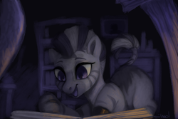 Size: 5400x3600 | Tagged: safe, artist:violettacamak, zecora, zebra, blank flank, book, bookshelf, cute, female, filly, filly zecora, happy, inspiration, open mouth, quadrupedal, reading, smiling, solo, sweet dreams fuel, younger, zecorable