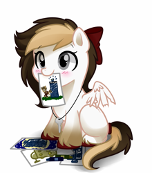 Size: 893x1016 | Tagged: safe, artist:hikariviny, doctor whooves, oc, oc:sweet lullaby, pegasus, pony, blushing, bow, crayon, dalek, deformed wing, doctor who, drawing, female, filly, hair bow, jewelry, key, mouth hold, necklace, paper, tail wrap, tardis, time machine, unshorn fetlocks