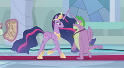 Size: 1356x743 | Tagged: safe, edit, edited screencap, screencap, princess twilight 2.0, professor mossmane, professor mosstone, spike, twilight sparkle, twilight sparkle (alicorn), alicorn, dragon, pony, unicorn, the last problem, alicorn spike, female, gigachad spike, magic, male, mare, offscreen character, older, older spike, older twilight, scroll, shipping fuel, stallion, telekinesis, wat, winged spike