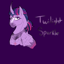 Size: 2350x2350 | Tagged: safe, artist:xxhuntersguardianxx, part of a set, twilight sparkle, twilight sparkle (alicorn), alicorn, pony, blaze (coat marking), bust, curved horn, female, hoers, horn, jewelry, lidded eyes, looking at you, mare, necklace, peytral, ponytail, purple background, redesign, simple background, solo, wing claws