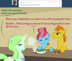 Size: 900x766 | Tagged: safe, artist:askmerriweatherauthor, carrot cake, cup cake, oc, oc:merriweather, pony, unicorn, apron, ask merriweather, clothes, female, magic, mare