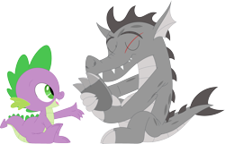 Size: 3578x2298 | Tagged: safe, artist:porygon2z, spike, oc, oc:draco, dragon, holding foot, scar, simple background, transparent background