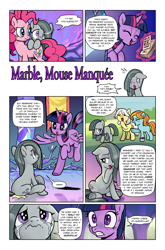 Size: 1268x1920 | Tagged: safe, artist:pencils, marble pie, pinkie pie, twilight sparkle, twilight sparkle (alicorn), oc, alicorn, earth pony, pony, comic:marble mare manquee, bully, bullying, comic, crying, female, filly, flashback, mare, sweat, sweatdrop, they're just so cheesy, turophobia, twilight's castle