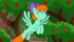 Size: 1920x1080 | Tagged: safe, screencap, peppermint goldylinks, pegasus, pony, marks for effort, apple, apple tree, applejack's classroom, classroom, cute, eyes closed, female, flying, friendship student, peppermint adoralinks, smiling, solo, tree