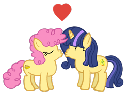 Size: 2732x2048 | Tagged: safe, artist:turnaboutart, li'l cheese, oc, oc:sunlight sprout, earth pony, pony, unicorn, the last problem, canon x oc, colt, eyes closed, female, filly, heart, imminent kissing, magical lesbian spawn, male, offspring, offspring shipping, parent:lemon hearts, parent:twilight sparkle, parents:lemonlight, simple background, straight, sunlightcheese, transparent background, young love