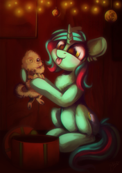 Size: 1055x1500 | Tagged: safe, artist:hagallaz, oc, oc:figure eight, dog, pony, unicorn, :p, christmas, female, golden eyes, holiday, mare, present, tongue out