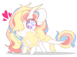 Size: 2394x1774 | Tagged: safe, artist:alyachan, oc, oc:rainbow dreams, pegasus, bow, chest fluff, chibi, cute, female, hair over one eye, heart, horn, leonine tail, ribbon, simple background, transparent background, ych result