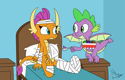 Size: 5127x3279 | Tagged: safe, artist:noidavaliable, smolder, spike, dragon, bandage, bandaged wing, bed, bowl, broken arm, broken leg, female, gem, gemstones, injured, injured wing, male, shipping, spolder, straight, winged spike