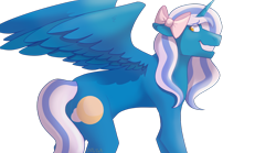 Size: 1280x711 | Tagged: safe, artist:sweetztea, oc, oc only, oc:fleurbelle, alicorn, adorabelle, alicorn oc, bow, cute, female, golden eyes, grin, hair bow, looking back, mare, simple background, smiling, solo, transparent background