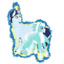 Size: 2360x2360 | Tagged: safe, artist:xxhuntersguardianxx, fleetfoot, soarin', pegasus, pony, fanfic:piercing the heavens, artificial horn, coat markings, duo, fanfic art, female, fluffy, male, mare, raised eyebrow, simple background, smiling, stallion, transparent background, unshorn fetlocks