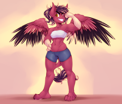 Size: 3000x2559 | Tagged: safe, artist:drizziedoodles, oc, oc only, oc:oxide, anthro, original species, plantigrade anthro, abs, armpits, bandeau, belly button, breasts, chest wrap, clothes, female, flexing, grin, hand on hip, high res, leonine tail, mare, midriff, muscles, muscular female, paws, ponytail, shorts, simple background, smiling, solo, talons, wings