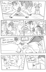 Size: 1980x3060 | Tagged: safe, artist:jojohernandez, pinkie pie, spike, sweetie belle, twilight sparkle, dragon, earth pony, pony, unicorn, comic:rain check, black and white, comic, grayscale, monochrome