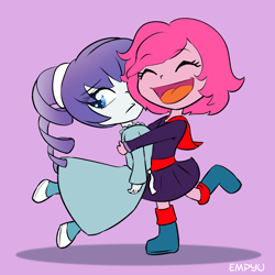 Size: 1000x1000 | Tagged: safe, artist:empyu, pinkie pie, rarity, anthro, chibi, clothes, cosplay, costume, crossover, hug, open mouth, rwby, rwby chibi