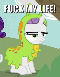 Size: 665x853 | Tagged: safe, edit, edited screencap, screencap, sweetie belle, forever filly, animal costume, caption, clothes, costume, cropped, fml, image macro, meme, solo focus, sweetiepillar, text, unamused, vulgar