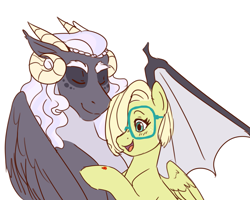 Size: 1511x1207 | Tagged: safe, artist:miatsukyyy, oc, oc only, oc:florencia, oc:lux, dracony, hybrid, female, interspecies offspring, male, offspring, parent:discord, parent:fluttershy, parent:princess luna, parent:spike, parents:flutterspike, parents:lunacord, simple background, white background