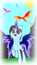 Size: 1719x2981 | Tagged: safe, artist:ceemakesstuff, oc, oc:cee, phoenix, pony, unicorn, happy, memories, no pupils, phoenix pony, solo