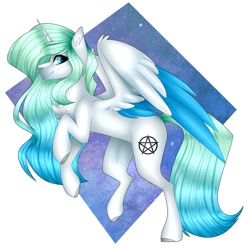 Size: 1500x1500 | Tagged: safe, artist:sacaat, oc, oc only, alicorn, abstract background, alicorn oc, art trade, chest fluff, colored wings, cutie mark, looking at you, pentagram, profile, smiling, solo, spread wings, wings