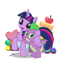 Size: 641x641 | Tagged: safe, spike, twilight sparkle, twilight sparkle (alicorn), alicorn, dragon, pony, apple, cake, cupcake, cute, food, gameloft, gem, hug, simple background, transparent background, winged spike, winghug