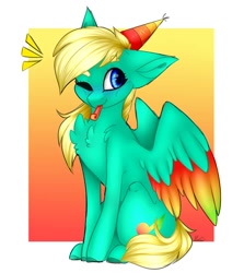 Size: 1080x1211 | Tagged: safe, artist:sacaat, oc, oc only, oc:color dash, pegasus, pony, abstract background, birthday, blue eyes, chest fluff, colored wings, cutie mark, cyan coat, female, floppy ears, fluffy, gradient background, hat, mare, multicolored wings, one eye closed, party hat, party horn, party whistle, rainbow wings, sitting, solo, wings, wink, yellow hair, yellow mane
