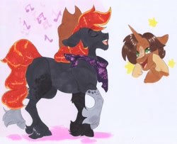 Size: 3633x2943 | Tagged: safe, artist:frozensoulpony, oc, oc only, oc:arkansas black, oc:bramley apple, earth pony, pony, unicorn, hat, offspring, parent:applejack, parent:jet set, parents:applejet, traditional art