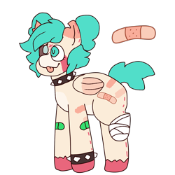 Size: 2000x2000 | Tagged: safe, artist:rigbythememe, oc, oc only, oc:gumi (rigbythememe), pegasus, pony, bandage, bandaid, blind, choker, collar, female, missing limb, reference, reference sheet, scar, solo, spiked choker, spiked collar, spiked wristband, torn ear, wristband