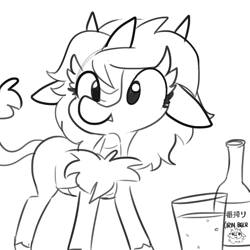 Size: 1080x1080 | Tagged: safe, artist:tjpones, oc, oc only, oc:kirin chan, kirin, alcohol, bottle, chest fluff, cute, cute little fangs, fangs, female, floppy ears, glass, kirin beer, kirin oc, monochrome, simple background, solo, white background