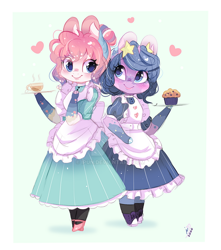 Size: 600x680 | Tagged: safe, artist:ipun, oc, oc only, oc:dream catcher, oc:pink sands, anthro, unguligrade anthro, anthro oc, arm hooves, chibi, clothes, coffee, deviantart watermark, dress, duo, female, food, friendship cafe, heart, maid, mare, muffin, obtrusive watermark, watermark