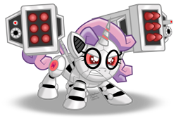 Size: 1079x741 | Tagged: safe, artist:aleximusprime, sweetie belle, sweetie bot, pony, robot, robot pony, unicorn, angry, artificial intelligence, colored sclera, cute, diasweetes, female, filly, frown, glare, glow, glowing eyes, gritted teeth, missile, missile launcher, oc october, red eyes, solo, this will end in explosions, weapon, weapons-grade cute