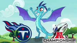 Size: 2289x1288 | Tagged: safe, edit, edited screencap, screencap, princess ember, dragon, triple threat, advanced, afc championship, afc divisional round, american football, nfl, nfl divisional round, nfl playoffs, solo, spread wings, tennessee titans, wings