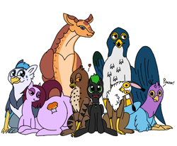 Size: 1080x891 | Tagged: safe, artist:lightning hunt, oc, oc:avalin, oc:gourmet soufflé, oc:gyro feather, oc:gyro tech, oc:inkquill, oc:kassc, oc:lightning hunt, oc:lnyx, earth pony, griffon, pegasus, pony, dock, griffonized, male, species swap