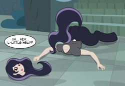 Size: 3232x2240 | Tagged: safe, artist:badumsquish, derpibooru exclusive, dullahan, hybrid, satyr, castle of the royal pony sisters, disembodied head, embarrassed, eyeshadow, face down ass up, faceplant, female, headless, looking at you, makeup, modular, pale skin, parent:headless horse, parent:oc:anon, pratfall, raised tail, red eyes, solo, stairs, tail
