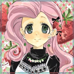 Size: 2048x2048 | Tagged: safe, artist:5mmumm5, fluttershy, equestria girls, anime, bust, ear piercing, earring, female, full face view, hair accessory, jewelry, looking at you, piercing, portrait, solo